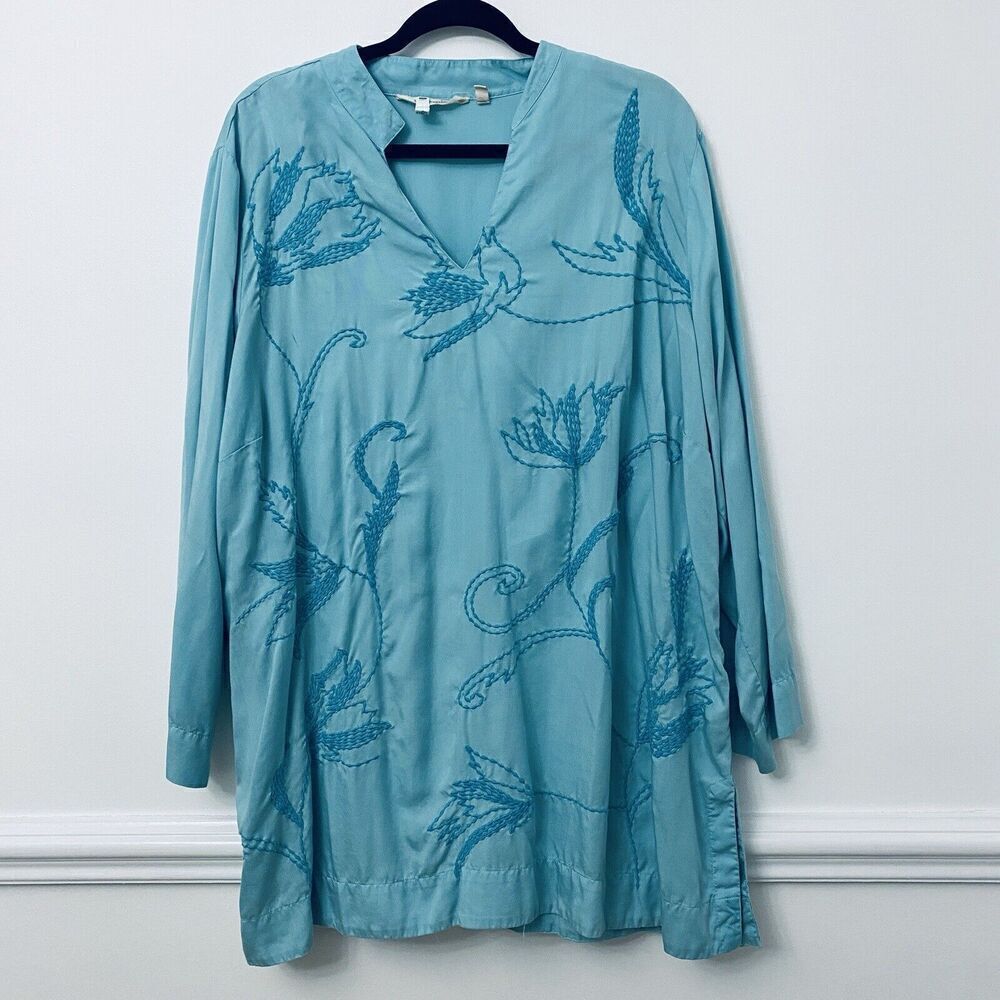 Soft Surroundings Women's Blouse Top Size 2X Blue Floral Embroidered Tunic